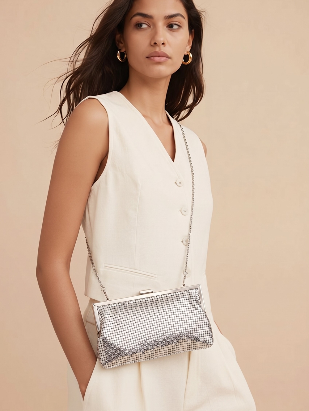 Vintage Silver Mesh Chain Crossbody Bag